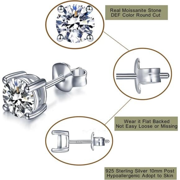 1/2/3ct Moissanite Stud Earrings for Women 925 Sterling Silver - Picture 4 of 7